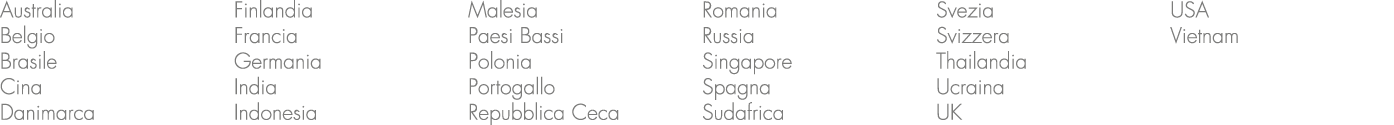 Australia Belgio Brasile Cina Danimarca Finlandia Francia Germania India Indonesia Malesia Paesi Bassi Polonia Portog...